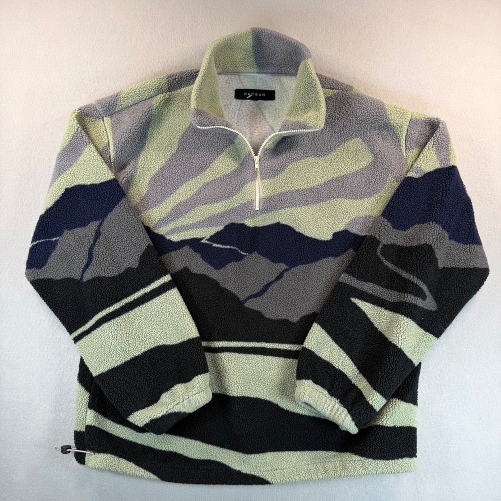 PacSun Mens Mountain Landscape Sherpa Fleece Quarter Zip Pullover Sage Green L